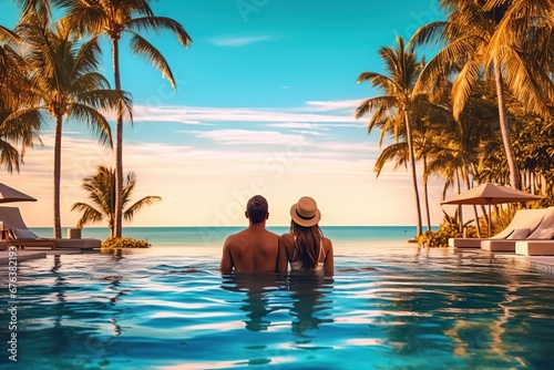 Couple enjoying beach vacation holidays at tropical resort with swimming pool and coconut palm trees near the coast with beautiful landscape, Generative Ai  © Amir