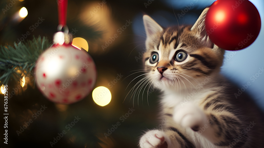 cute kitten playing with a Christmas bauble hanging in a christmas tree cute kitten playing with a Christmas bauble hanging in a christmas tree