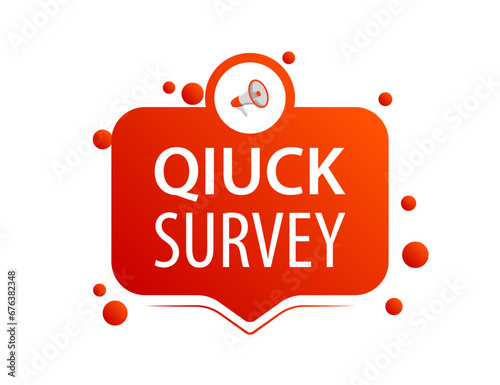 Quick survey sign. Flat, red, horn icon, quick survey icon. Vector icon
