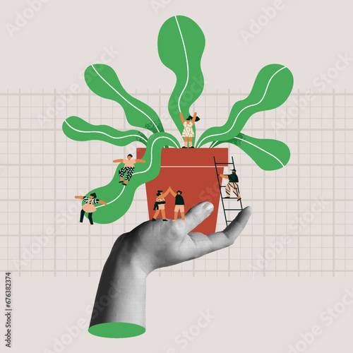 Together for the environment retro collage vector illustration