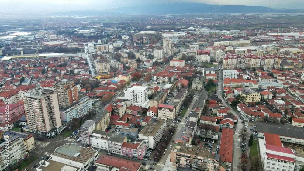 Aerial view of residential area in town Leskovac in southern Serbia in cloudy morning