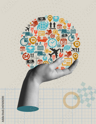 Shipping delivery concept in retro collage style vector illustration