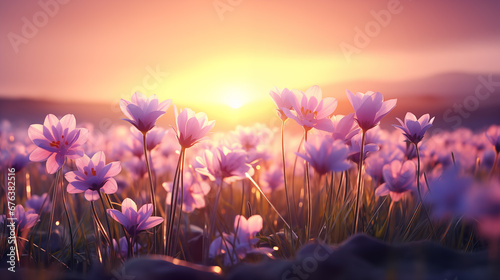 beautiful spring field of flowers at dawn. Easter morning. natural background