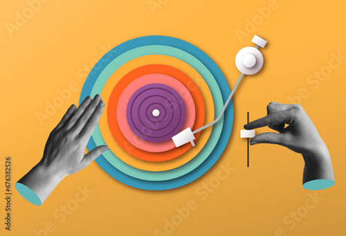 Dj hands mixing music with color vinyl record in retro collage vector