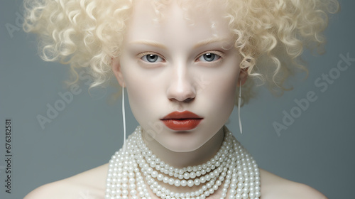 Elegance and Grace: A Blonde albino Woman Adorned with Pearls and a Necklace photo
