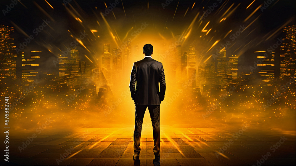 A determined businessman, dressed in a sharp suit, gazes towards the city skyline as a powerful force and explosion of gold color emanates from within. A determined businessman, dressed in a sharp suit, gazes towards the city skyline as a powerful force and explosion of gold color emanates from within.