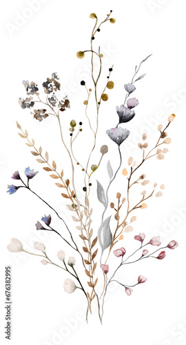 Bouquet with watercolor autumn wild flowers and leaves, Brown and beige wedding illustration © katrinshine