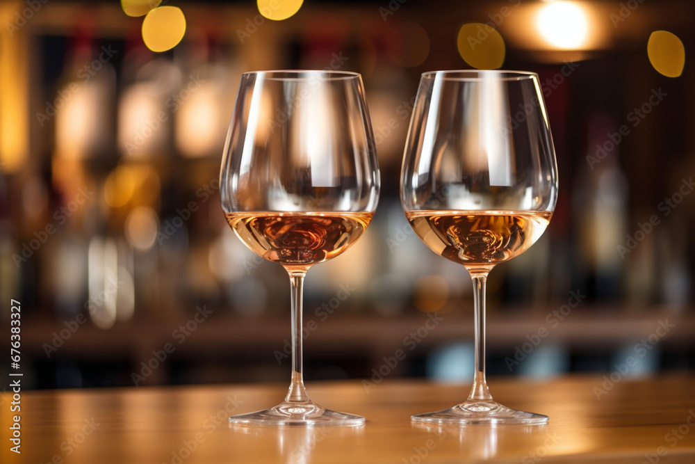 Two glasses of white wine on a bar counter in a restaurant. Two glasses of white wine on a bar counter in a restaurant.