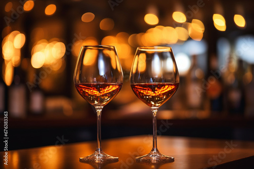 Two glasses of white wine on a bar counter in a restaurant.