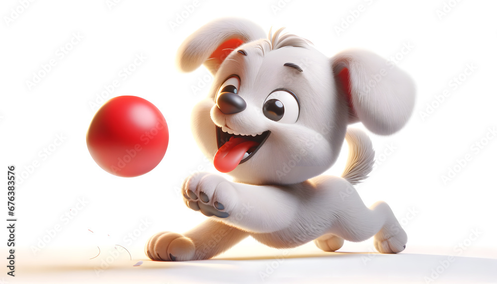 Fototapeta premium Cute White Puppy Playing with a Red Ball. Generative AI.
