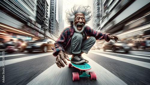 Comical Elderly Man Skateboarding in City. Generative AI