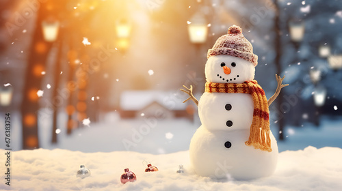 Christmas decoration with a cute cheerful snowman in the snow in a winter park with beautiful bokeh. AI generated