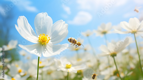 Detail with shallow focus of white anemone flower with yellow stamens and butterfly in nature macro on background of blue sky with beautiful bokeh. Delicate artistic image of beauty of nature © Alin