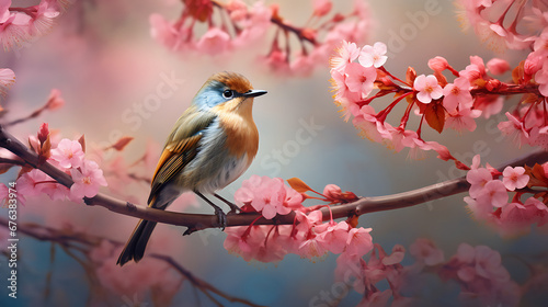 Delightfully beautiful nightingale bird on a flowering tree in spring © Alin