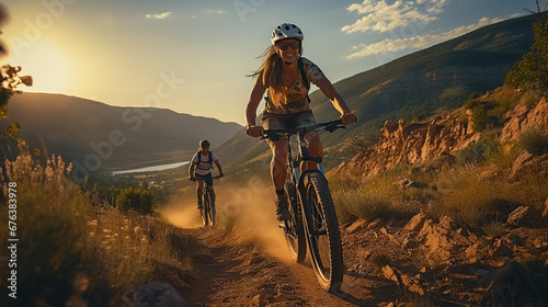 Happy mountainbike couple outdoors have fun together on a summer afternoon sunset
