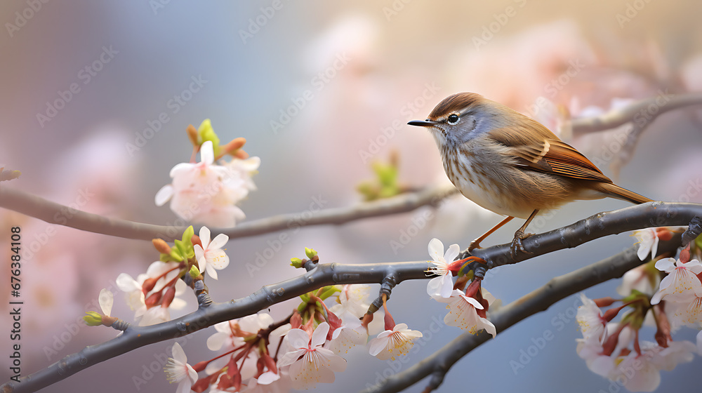 Delightfully beautiful nightingale bird on a flowering tree in spring Delightfully beautiful nightingale bird on a flowering tree in spring