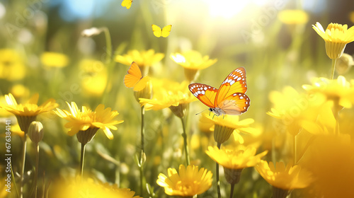 Cheerful buoyant spring summer shot of yellow Santolina flowers and butterflies in meadow in nature outdoors on bright sunny day, macro. Soft selective focus 
