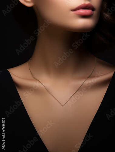 Woman pendant mockup closeup model portrait. Fashion beauty subtle chain necklace for pendant jewelry mockup
