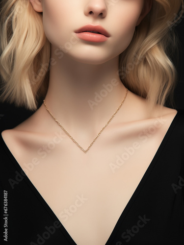 Woman pendant mockup closeup blonde model portrait. Fashion beauty subtle chain necklace for pendant jewelry mockup