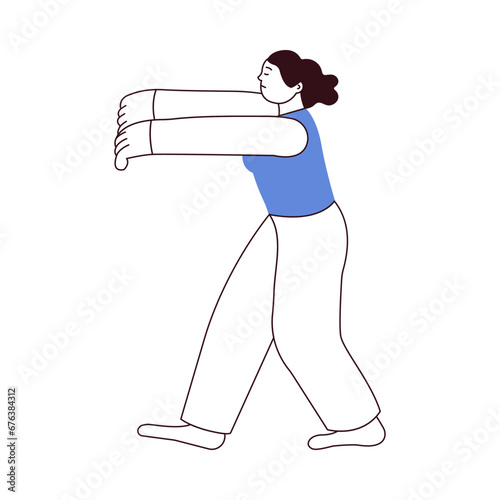 Young woman sleepwalking at night. Somnambulist walking in his dream with raised hands isolated on white background. Black and white modern flat vector illustration