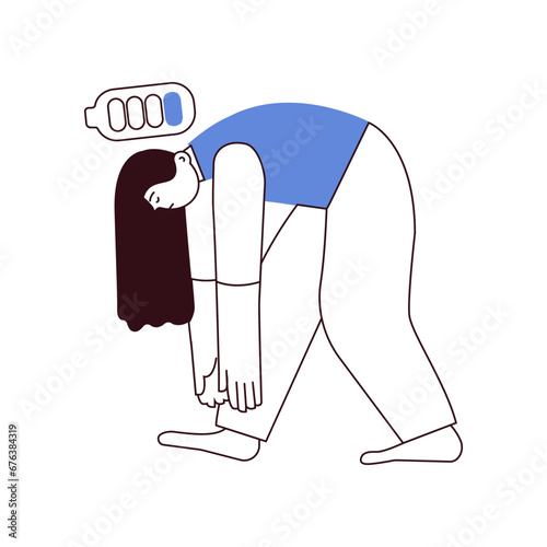 Laziness, Fatigue, Apathy, Depression Concept. Tired female suffering under the weight of problems and obligations. Low battery icon. Black and white modern flat vector illustration