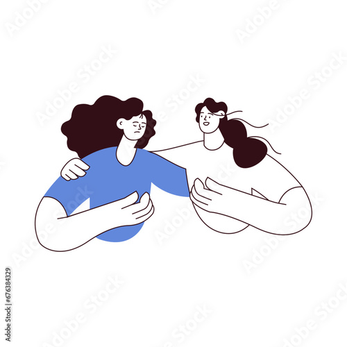 Empathy and friendship concept. Female comforting her friend. Woman supports female with psychological problems. Black and white modern flat vector illustration