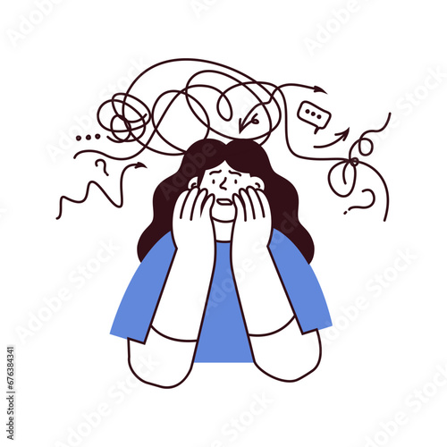 Mental disorders illustration. Frustrated woman with nervous problem feel anxiety of thoughts. Female with anxiety touch head surrounded by thoughts. Black and white modern vector illustration