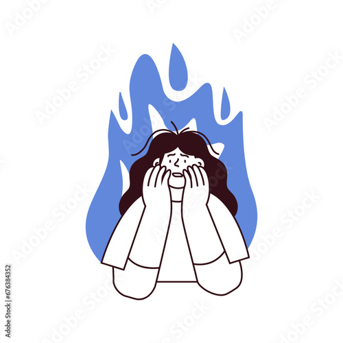 Professional burnout syndrome. Woman in stress under pressure, fire on the background. Mental disorder problems. Black and white modern flat vector illustration