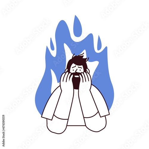Professional burnout syndrome. Man in stress under pressure, fire on the background. Mental disorder problems. Black and white modern flat vector illustration