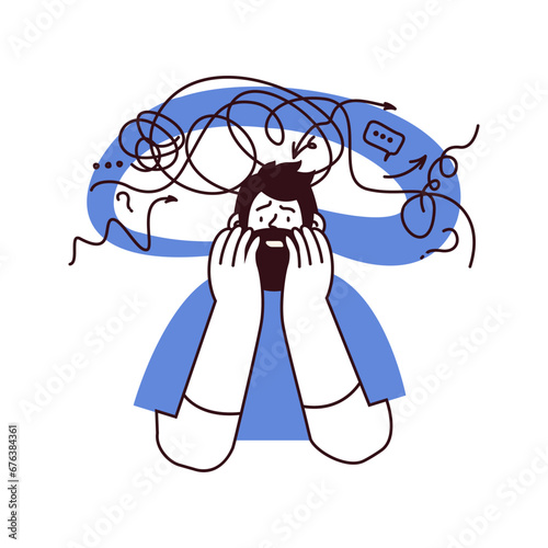 Mental disorders illustration. Frustrated man with nervous problem feel anxiety and confusion of thoughts. Male with anxiety touch head surrounded by thoughts. Black and white vector flat illustration