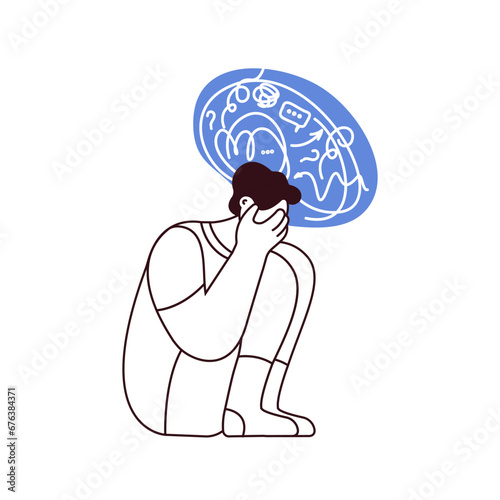 Mental disorders illustration. Frustrated man with nervous problem feel anxiety and confusion of thoughts, closing face with palms in despair. Black and white modern vector flat illustration