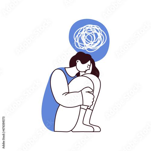 Mental disorders illustration. Frustrated woman with nervous problem feel anxiety and confusion of thoughts, closing face with palms in despair. Black and white modern vector flat illustration