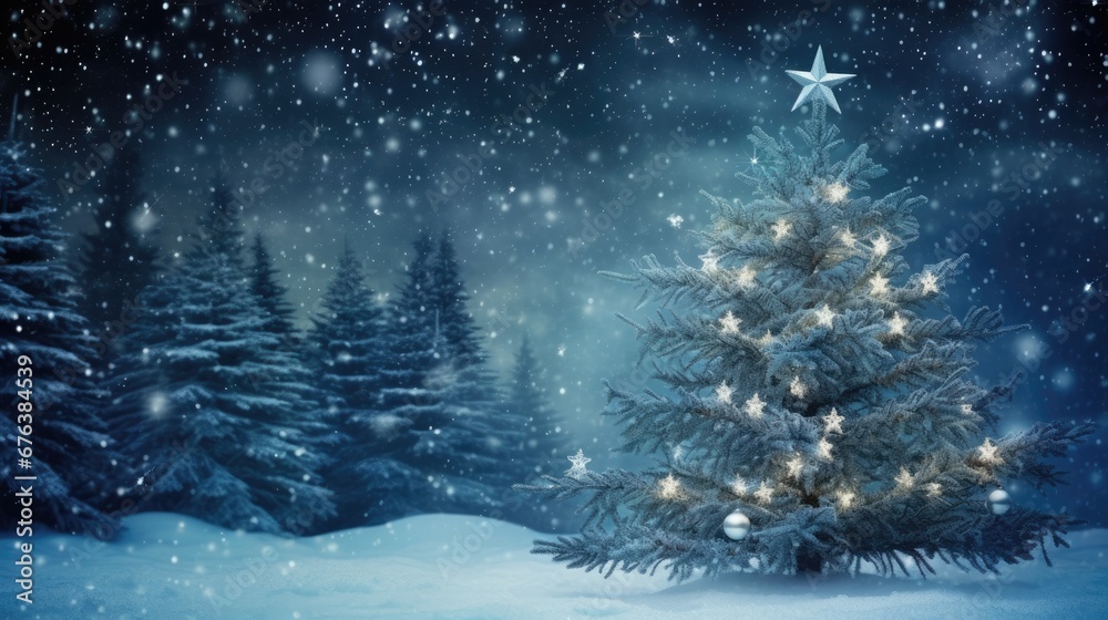 Decorated Christmas tree with garland lights in winter night forest fantasy landscape background. Happy New Year, Marry Xmas, Winter Holidays concept. Festive wallpaper for greeting card, flyer. Decorated Christmas tree with garland lights in winter night forest fantasy landscape background. Happy New Year, Marry Xmas, Winter Holidays concept. Festive wallpaper for greeting card, flyer.
