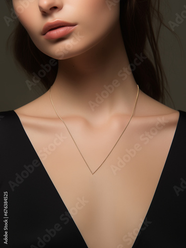 Woman pendant mockup closeup woman model neck. Fashion beauty subtle chain necklace for pendant jewelry mockup
