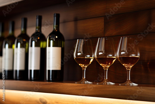 Wine bottles and glasses standing on wooden shelf
