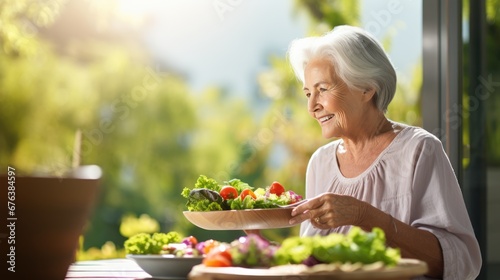 Mature woman holding vegan salad with many vegetables. Veganuary  Healthy lifestyle concept. Senior lady Portrait with healthy  fresh vegetarian salad..