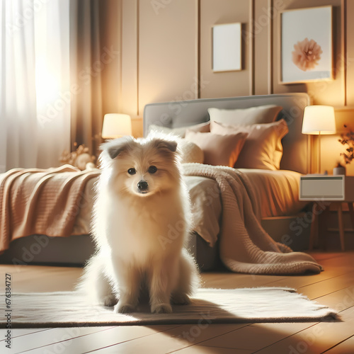 A cute dog sitting in a cozy bedroom, surrounded by soft lighting