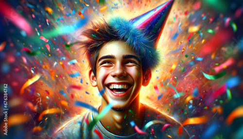 Happy South American teenager boy celebrating birthday, wearing a party hat and a burst of confetti around him. Generative AI.