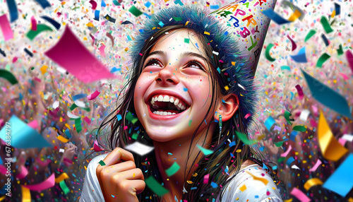 Happy Jewish teenager girl celebrating birthday, wearing a party hat and a burst of confetti around him. Generative AI.