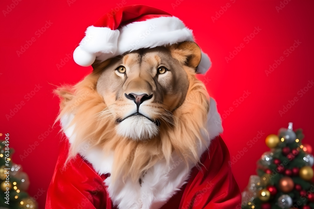 Portrait of a Lion Dressed in a Red Santa Claus Costume in Studio with Colorful Background Portrait of a Lion Dressed in a Red Santa Claus Costume in Studio with Colorful Background