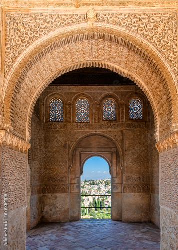 Detail View of Alhambra, Granada, Spain. The Nasrid Palaces (Palacios NazaraÂ­es) in the Alhambra fortress