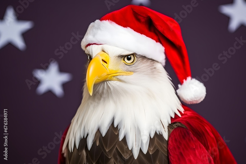Portrait of an eagle Dressed in a Red Santa Claus Costume in Studio with Colorful Background