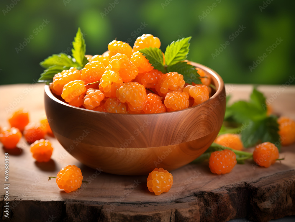 Fresh and ripe cloudberries in wooden bowl on a wooden table, green blurred background Fresh and ripe cloudberries in wooden bowl on a wooden table, green blurred background