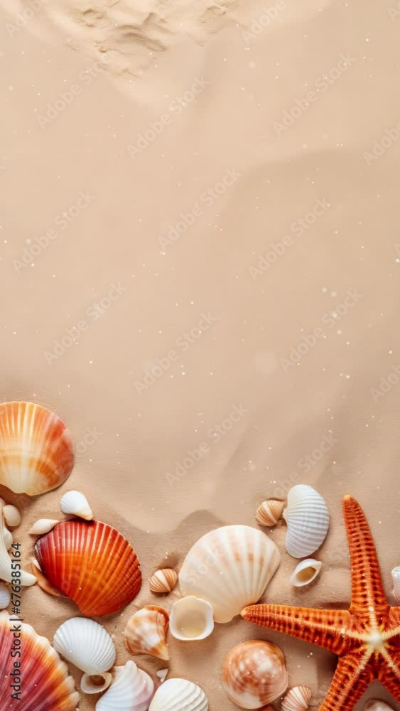 Vertical video summer background. Sea shell and sand. Vertical video summer background. Sea shell and sand.