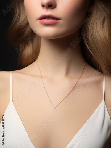 Woman pendant mockup closeup blonde woman neck. Fashion beauty subtle chain necklace for pendant jewelry mockup