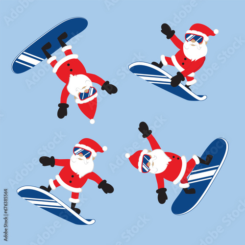 Cartoon Santa Claus snowboarding in ski goggles . Christmas set Vector illustration.