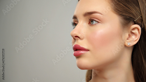 Beautiful young girl looks at the camera after professional makeup. Model poses in front of the camera. An attractive girl with beautiful makeup. Close-up face of a white model with long hair.