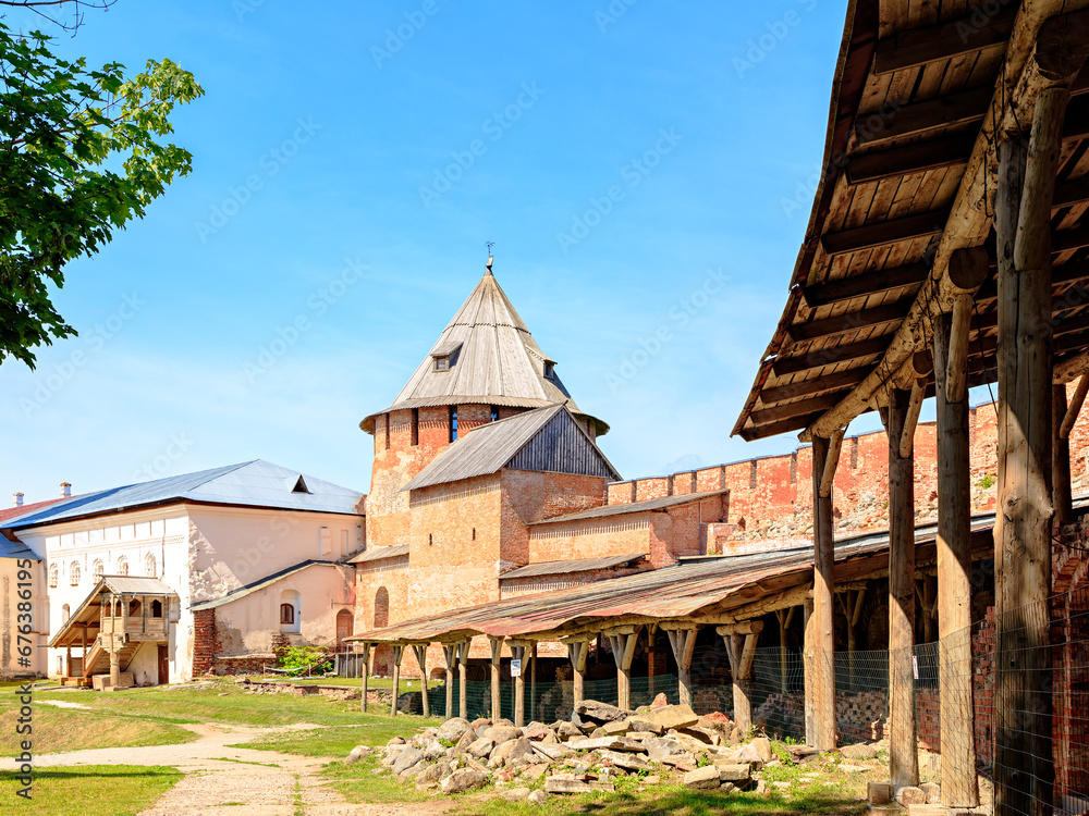 Veliky Novgorod, Russia - June 19, 2019: Yard behind the Kremlin wall. Antique wall