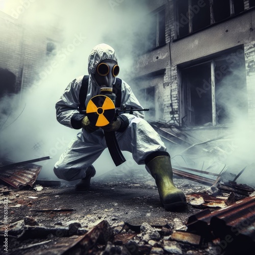 A man in a protective suit and a radiation mask in a destroyed building