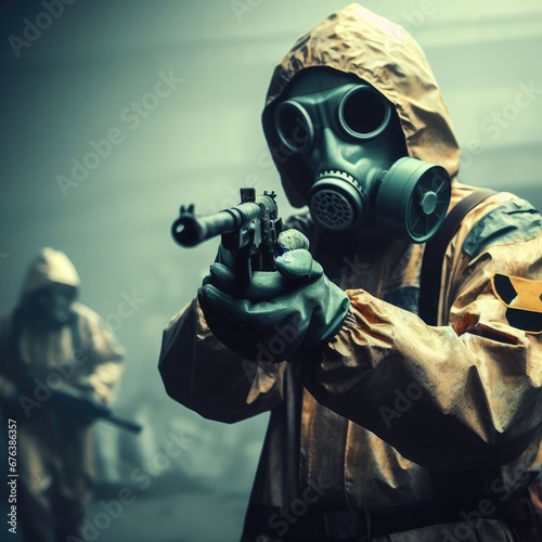 A man in a protective suit and a radiation mask in a destroyed building